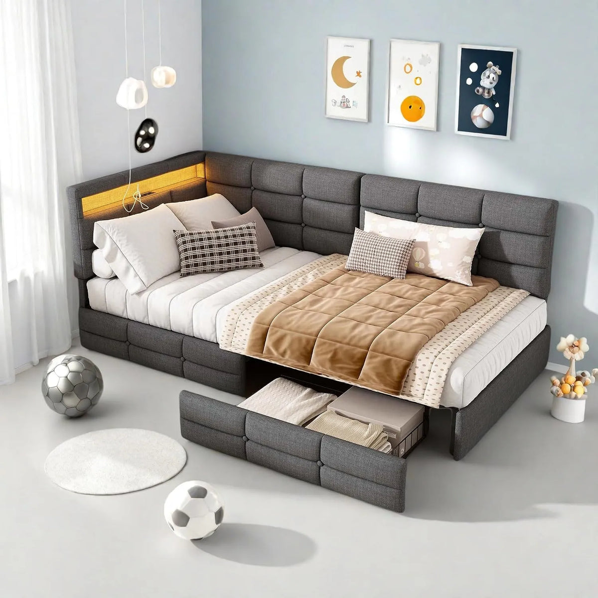 Sofa: w kształcie litery L, z szufladami, z portem USB, wyświetlacz LED, 1-osobowa, 2 szufladami, 90 × 200 cm, tapicerka materiałowa
