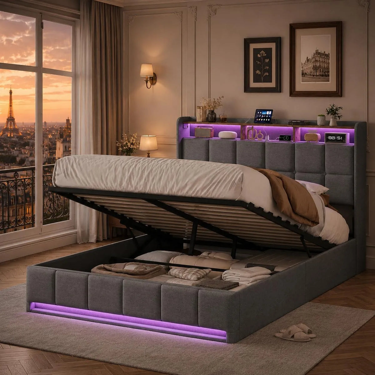 Łóżko tapicerowane i rama łóżka z obiciem: z portem USB, wyświetlacz LED, 140 × 200 cm