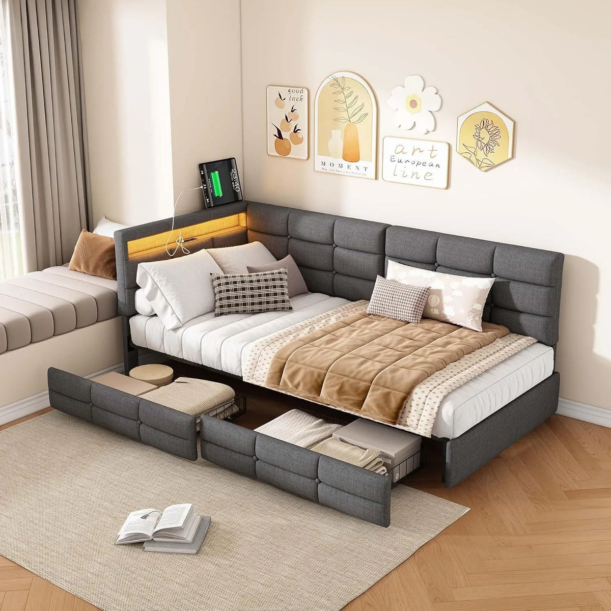 Sofa — z szufladami, z portem USB, wyświetlacz LED, 2 szufladami, 90 × 200, szary, tapicerka materiałowa