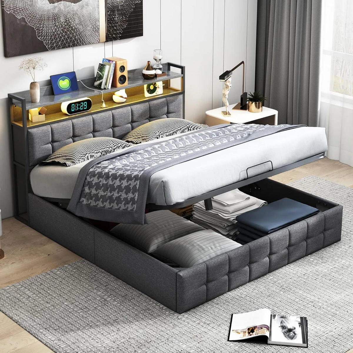 Łóżko tapicerowane i rama łóżka z obiciem – USB-C, z portem USB, wyświetlacz LED, 140 × 200 cm
