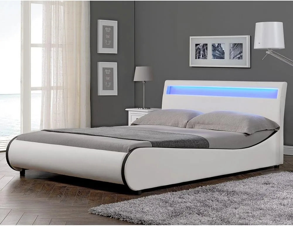 Łóżko tapicerowane i rama łóżka z obiciem: RGB, oświetlenie RGB, wyświetlacz LED, 180 × 200 cm, biały, tapicerka materiałowa, tapicerka skórzana