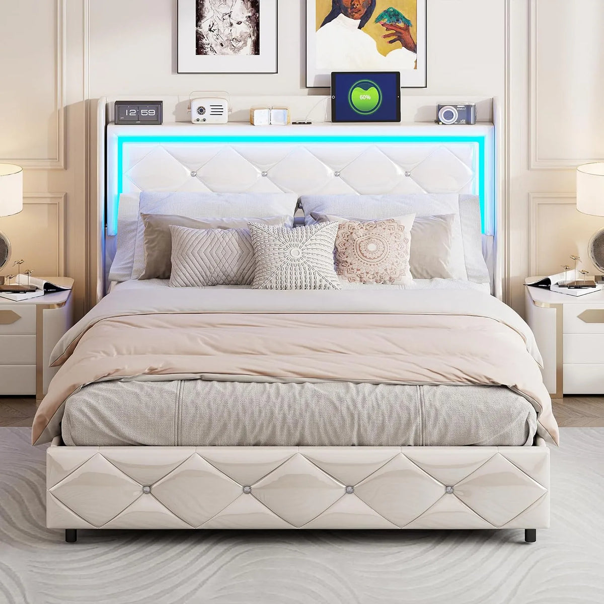 Łóżko tapicerowane i rama łóżka z obiciem: z portem USB, wyświetlacz LED, 140 × 200 cm, biały