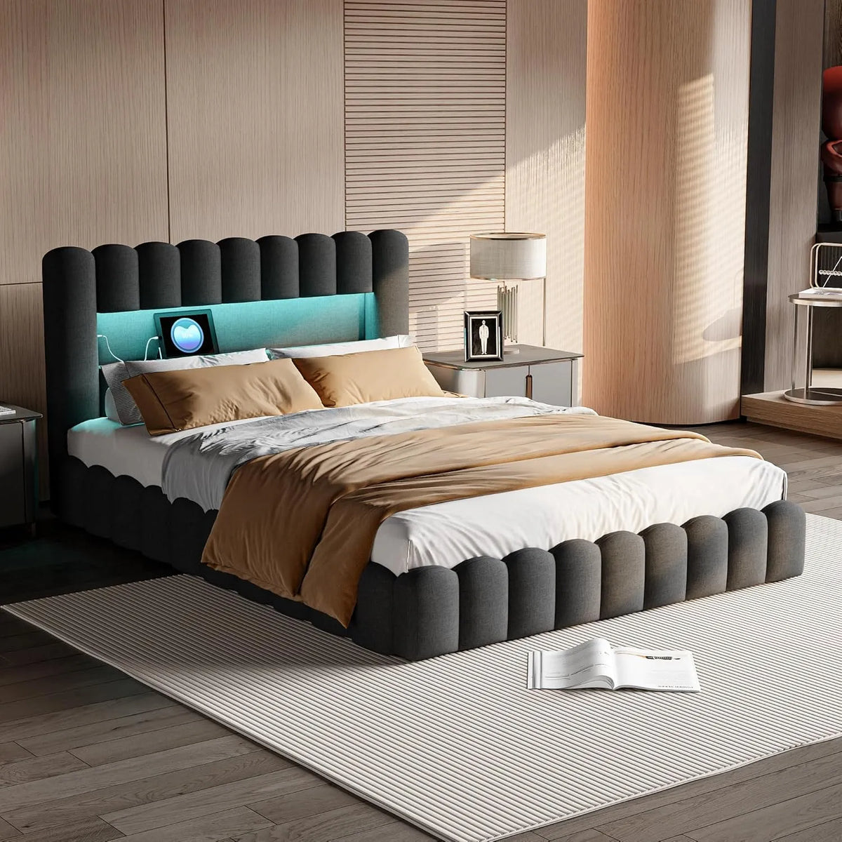 Łóżko tapicerowane i rama łóżka z obiciem – z portem USB, wyświetlacz LED, 140 × 200 cm, szary