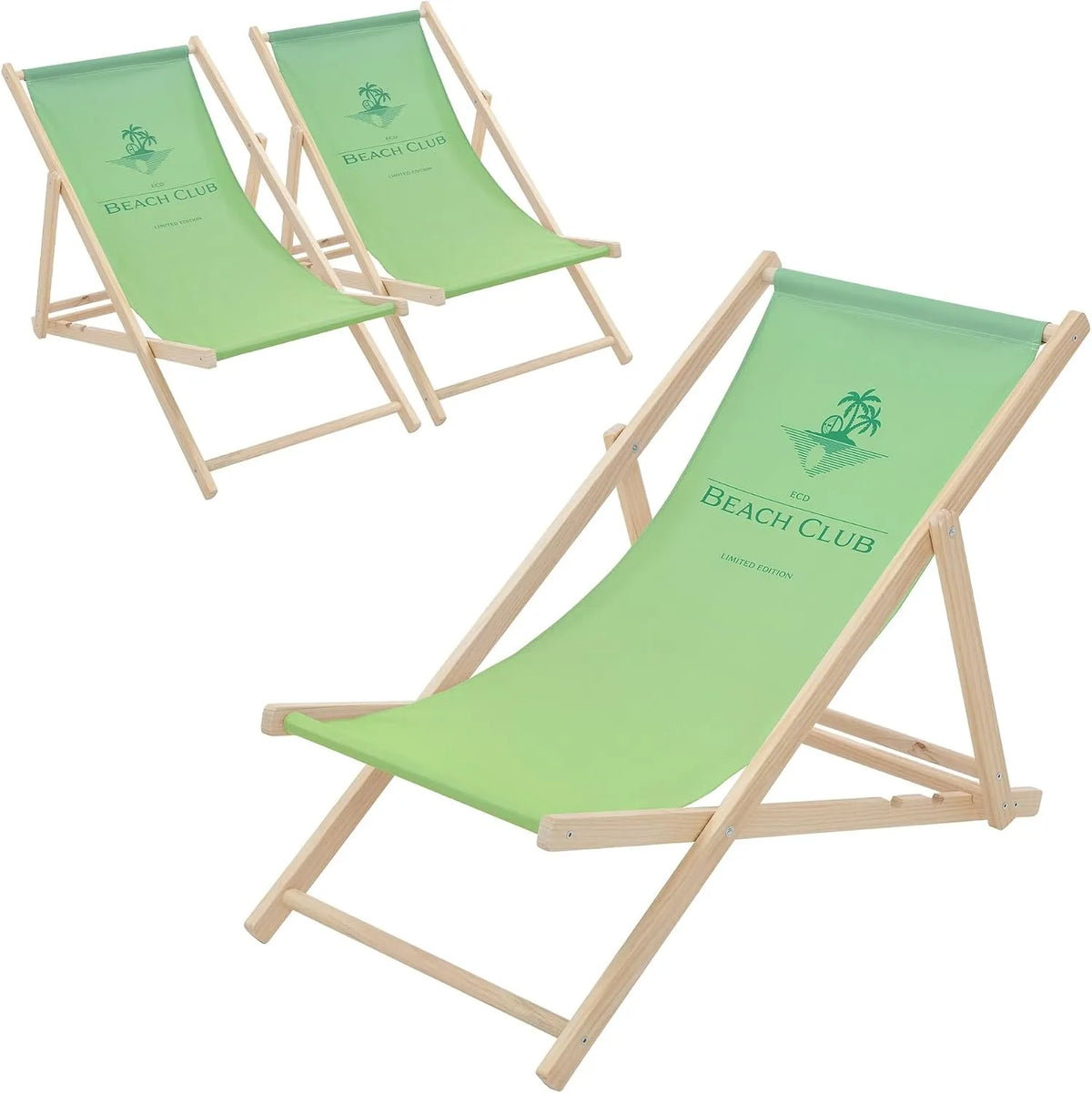 Germany Zestaw 3 Lezak Skladany Drewniany Beach Club zielony – z drewna, z oparciem, do użytku domowego, 120 kg
