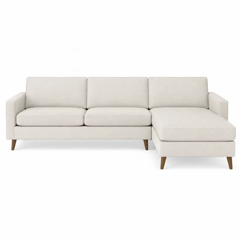 Sofa narożna z beżowej tkaniny, 265 cm