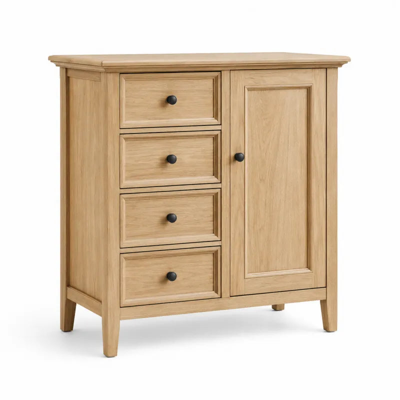 Komoda drewniana z 4 szufladami i drzwiami, dąb, 80 cm