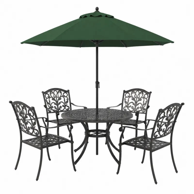 Aluminiowy zestaw ogrodowy z okrągłym stołem, 4 krzesła i zielony parasol