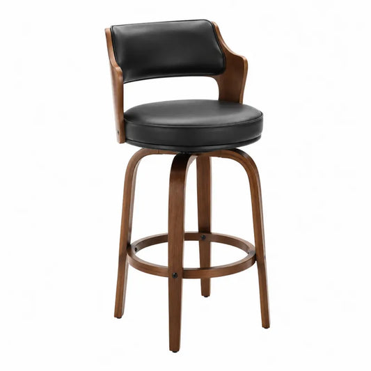 Stołek barowy obrotowy skóra ekologiczna czarny drewno 100 cm