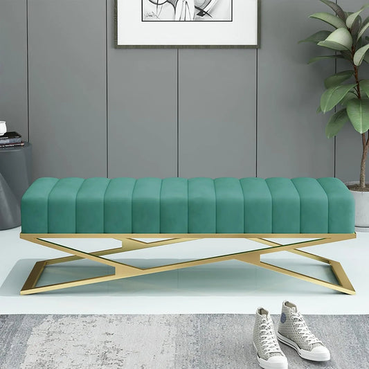 Luksusowa zielona aksamitna pluszowa ławka z metalową ramą — tapicerka aksamitna, 80 × 38 cm, zielony
