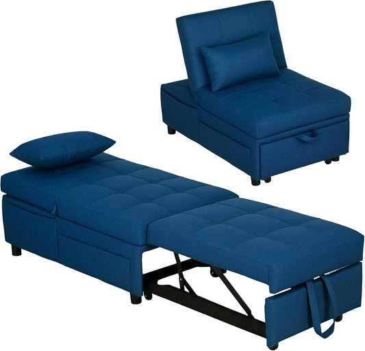HOMCOM Sofa — z oparciem, regulowana konstrukcja, 3 w, 150 kg, niebieski, z funkcją spania, rozkładana konstrukcja