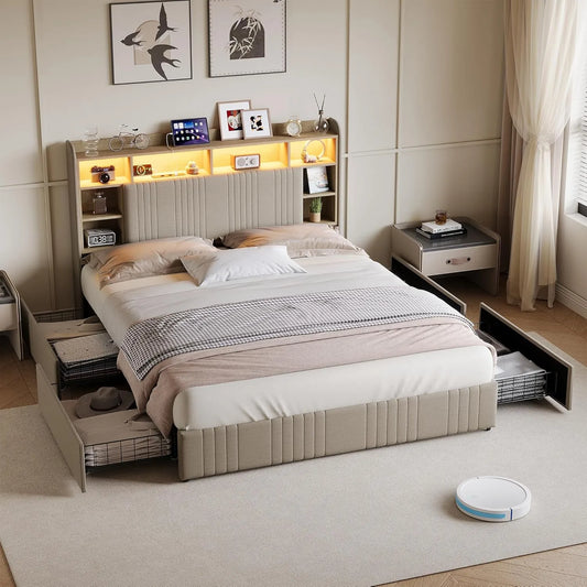 Łóżko tapicerowane i rama łóżka z obiciem — tapicerka materiałowa, z szufladami, z portem USB, wyświetlacz LED, 140 × 200 cm, beżowy