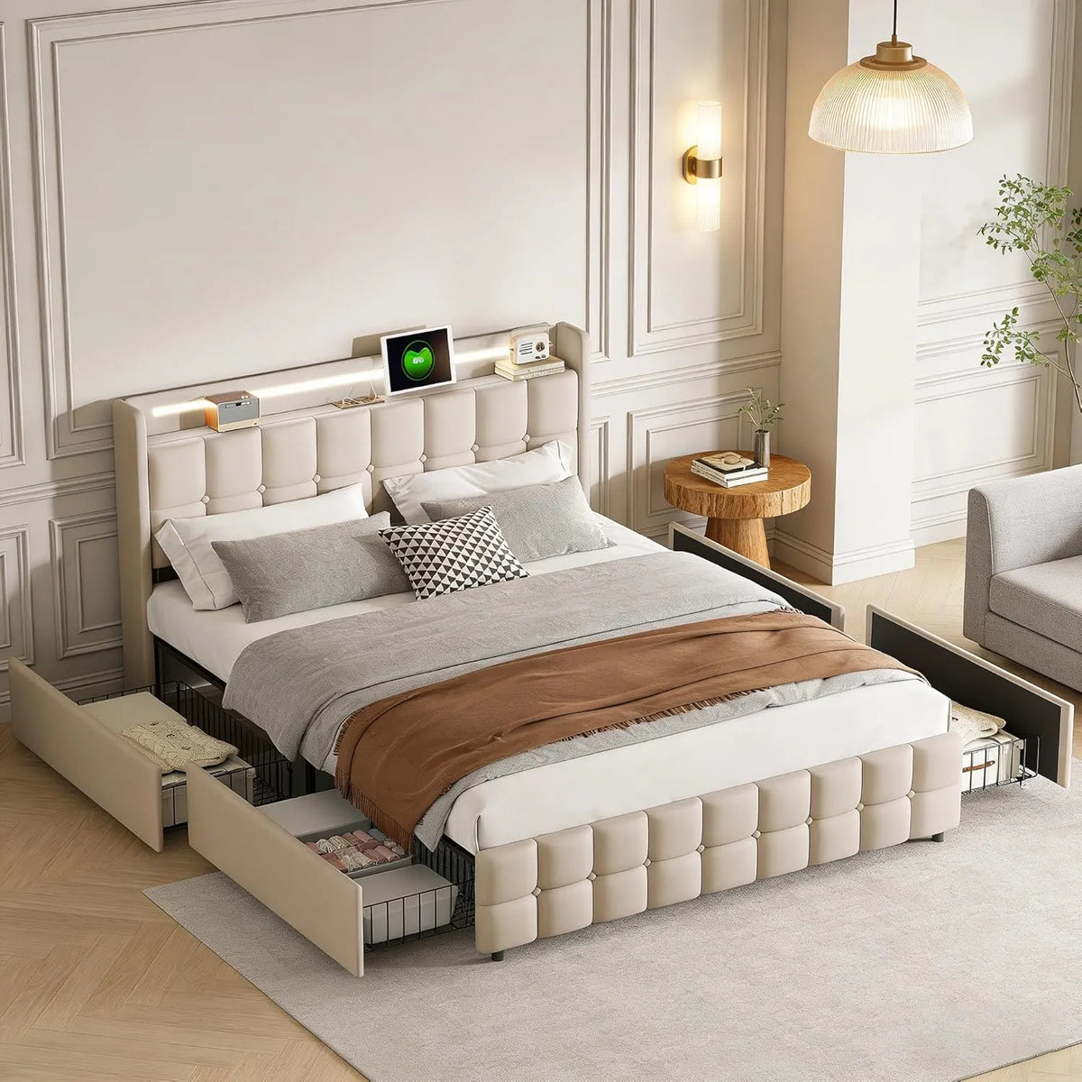 Łóżko tapicerowane i rama łóżka z obiciem – z szufladami, z portem USB, wyświetlacz LED, 4 szufladami, 180 × 200 cm, beżowy, tapicerka materiałowa