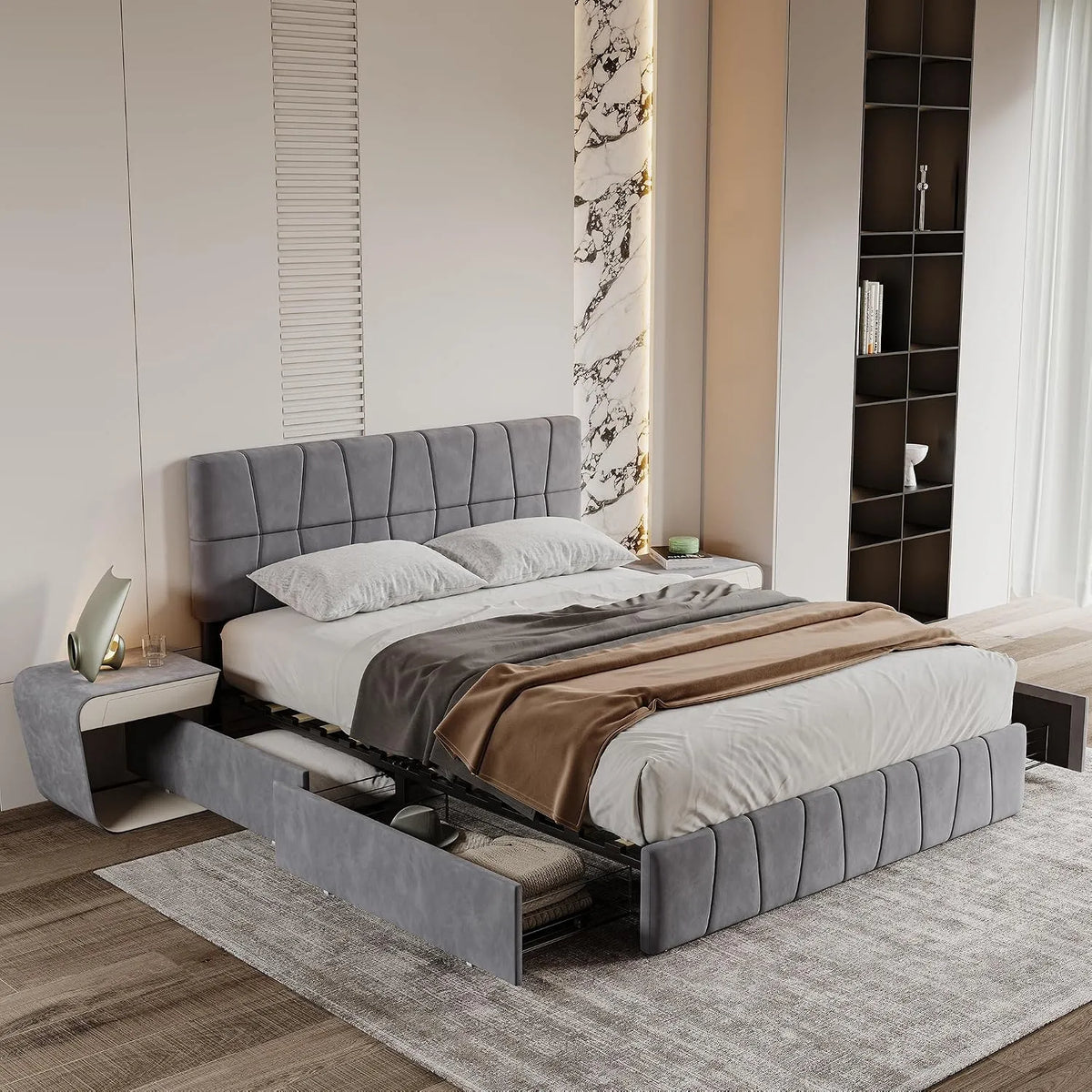Łóżko dwuosobowe 140 x 200 z szufladą: z szufladami, z portem USB, tapicerka aksamitna, wyświetlacz LED, 140 × 200, 140 × 200 cm, biały