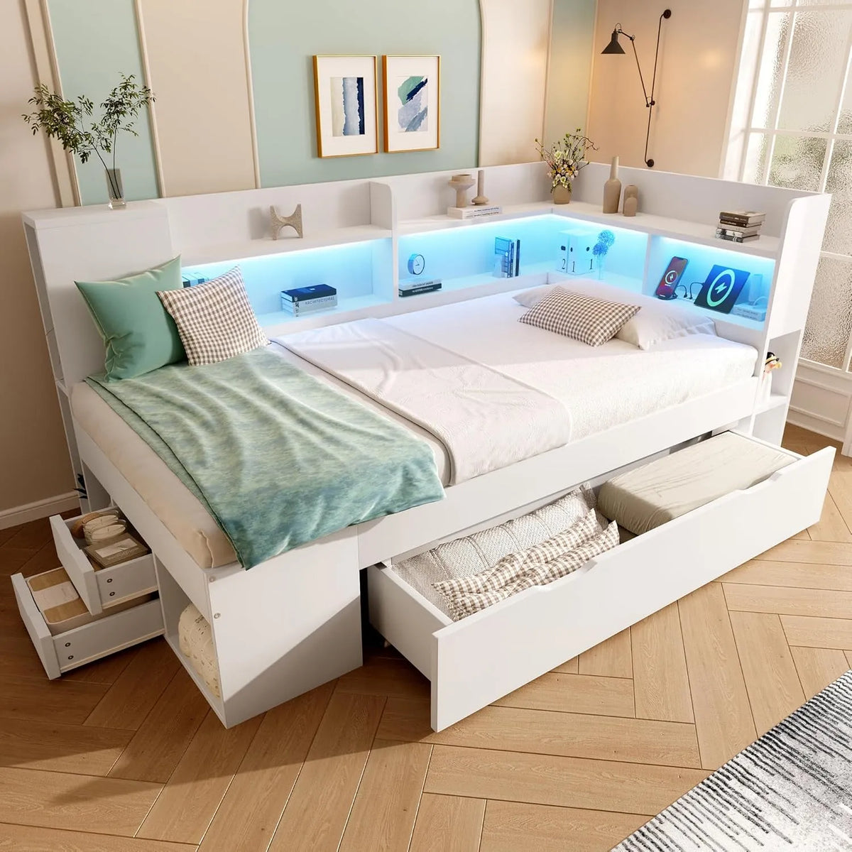 Dolamaní Łóżko młodzieżowe z funkcją schowku 90x200 cm w drewnie — z drewna, z szufladami, z portem USB, wyświetlacz LED, 90 × 200 cm, biały