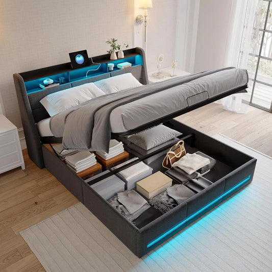 Łóżko tapicerowane i rama łóżka z obiciem – z portem USB, wyświetlacz LED, 140 × 200 cm, tapicerka materiałowa