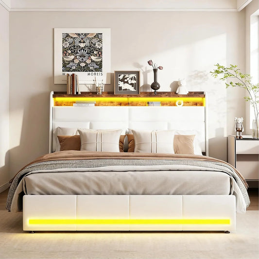 Łóżko tapicerowane i rama łóżka z obiciem — z portem USB, wyświetlacz LED, 140 × 200 cm, biały