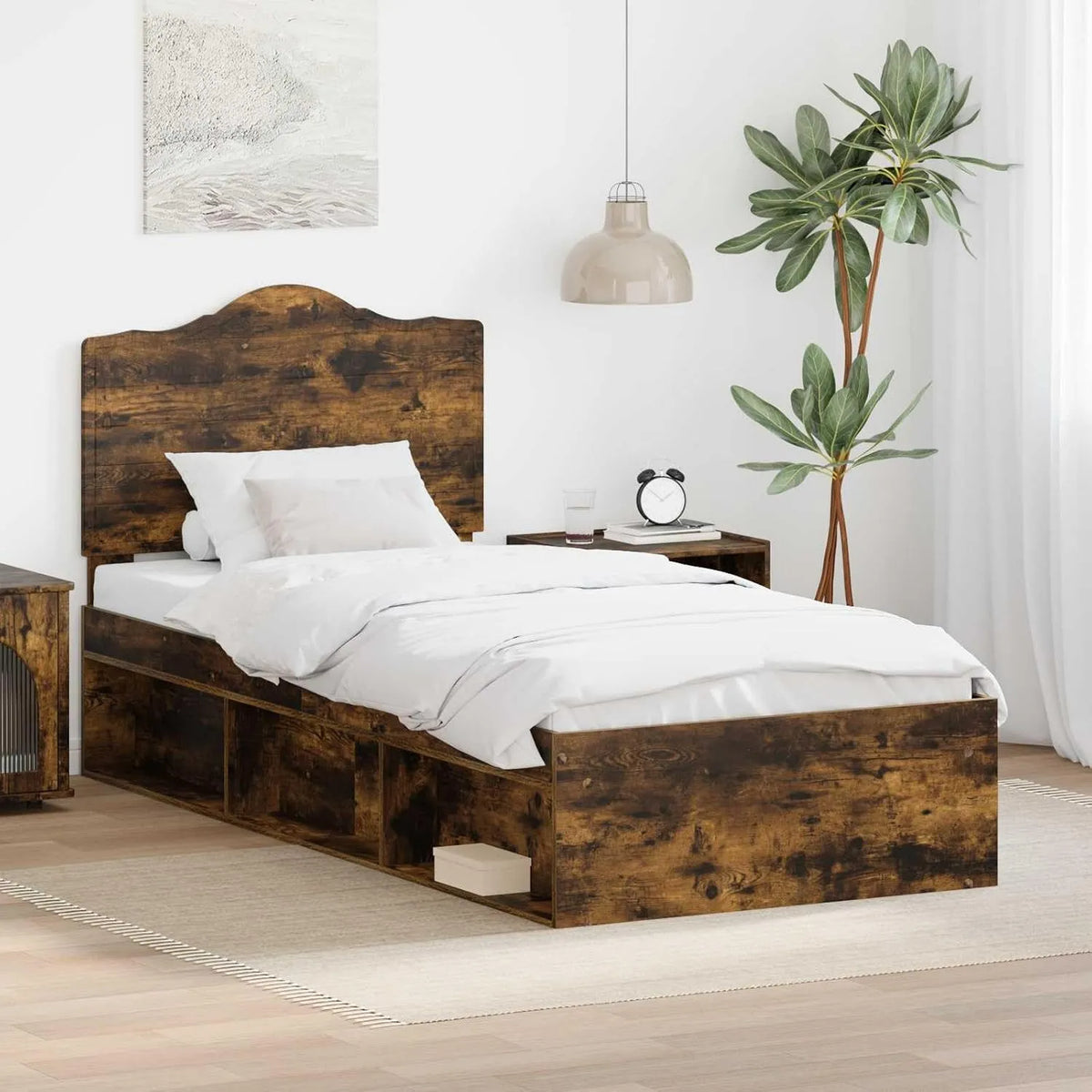 Rama łóżka i konstrukcja łóżka wędzonego dębu z litego drewna sosnowego — z drewna, 75 × 190 cm, tapicerka materiałowa