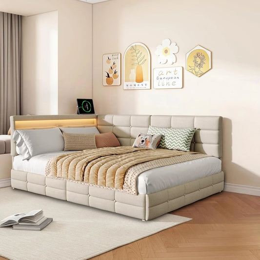 Sofa rozkładana i sofa z funkcją spania: z szufladami, z portem USB, wyświetlacz LED, 2 szufladami, 140 × 200 cm, beżowy