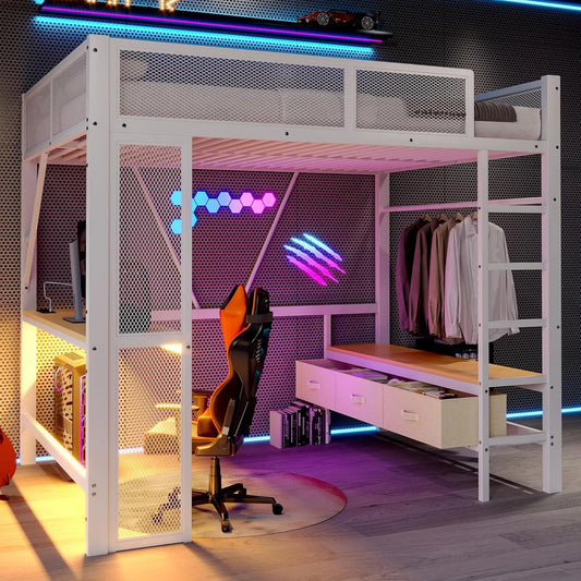 Łóżko piętrowe i łóżko wysokie — z szufladami, z biurkiem, z szafą, z portem USB, 3 szufladami, 140 × 200 cm, biały, z oświetleniem LED