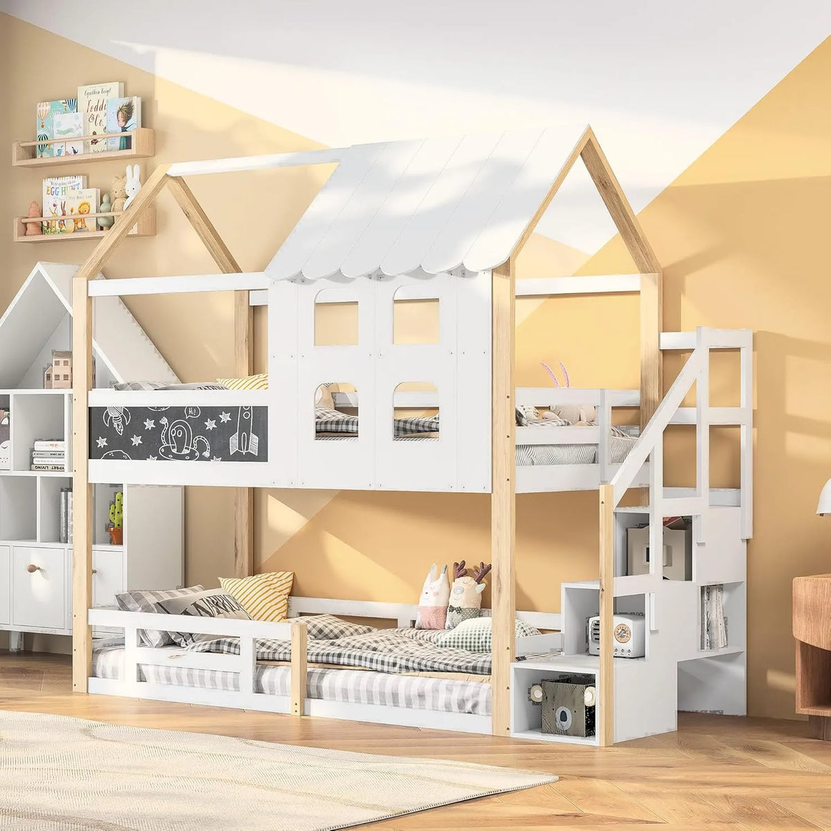Łóżko piętrowe i łóżko wysokie: z szufladami, ze schodami, z biurkiem, z szafą, 90 × 200 cm, tapicerka materiałowa