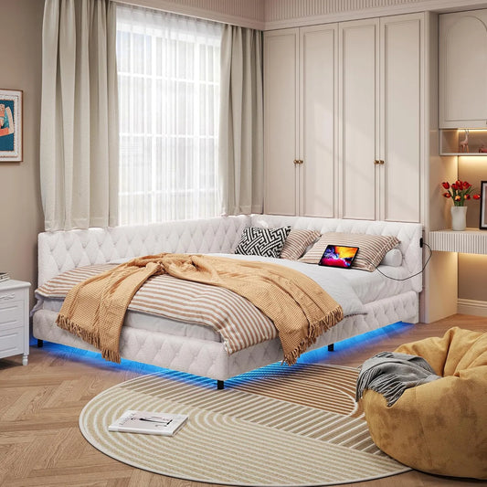 Łóżko tapicerowane i rama łóżka z obiciem — z portem USB, wyświetlacz LED, 2-osobowa, 140 × 200 cm, beżowy