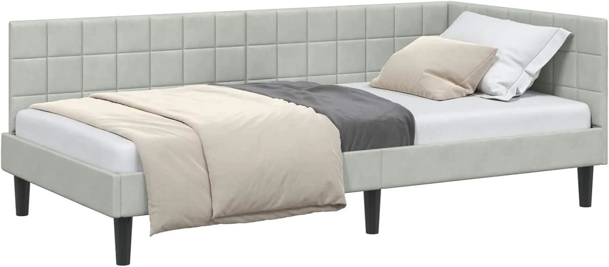 Rama łóżka i konstrukcja łóżka narożnego Jasnoszary 100 cm x 200 cm Aksamit – kompaktowa konstrukcja, tapicerka aksamitna, tapicerka materiałowa