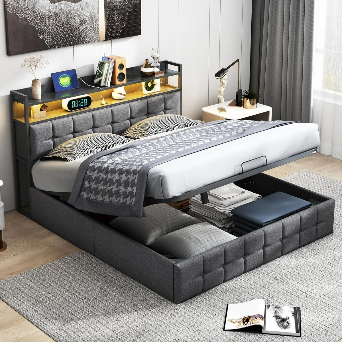 Łóżko tapicerowane i rama łóżka z obiciem: z portem USB, wyświetlacz LED, 2-osobowe, 140 × 190 cm, szary
