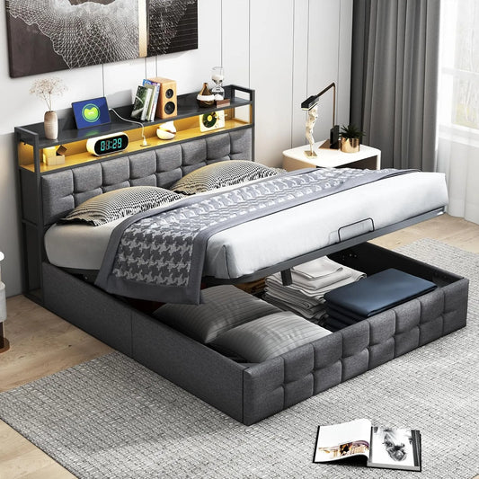 Łóżko tapicerowane i rama łóżka z obiciem: z portem USB, wyświetlacz LED, 2-osobowe, 140 × 190 cm, szary