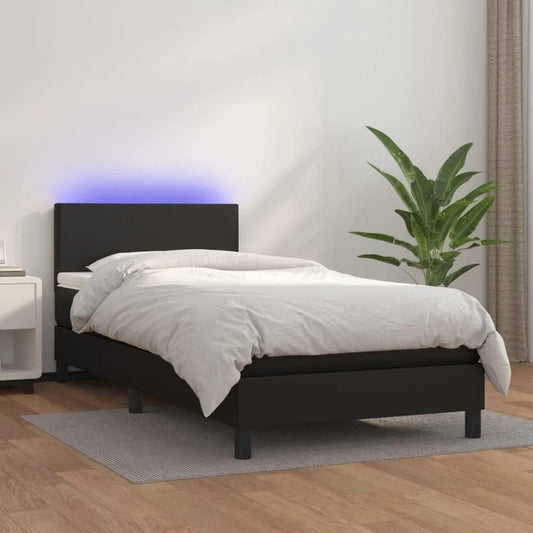 Łóżko kontynentalne z materacem i diodami LED — wyświetlacz LED, 80 × 200 cm, czarny, tapicerka skórzana