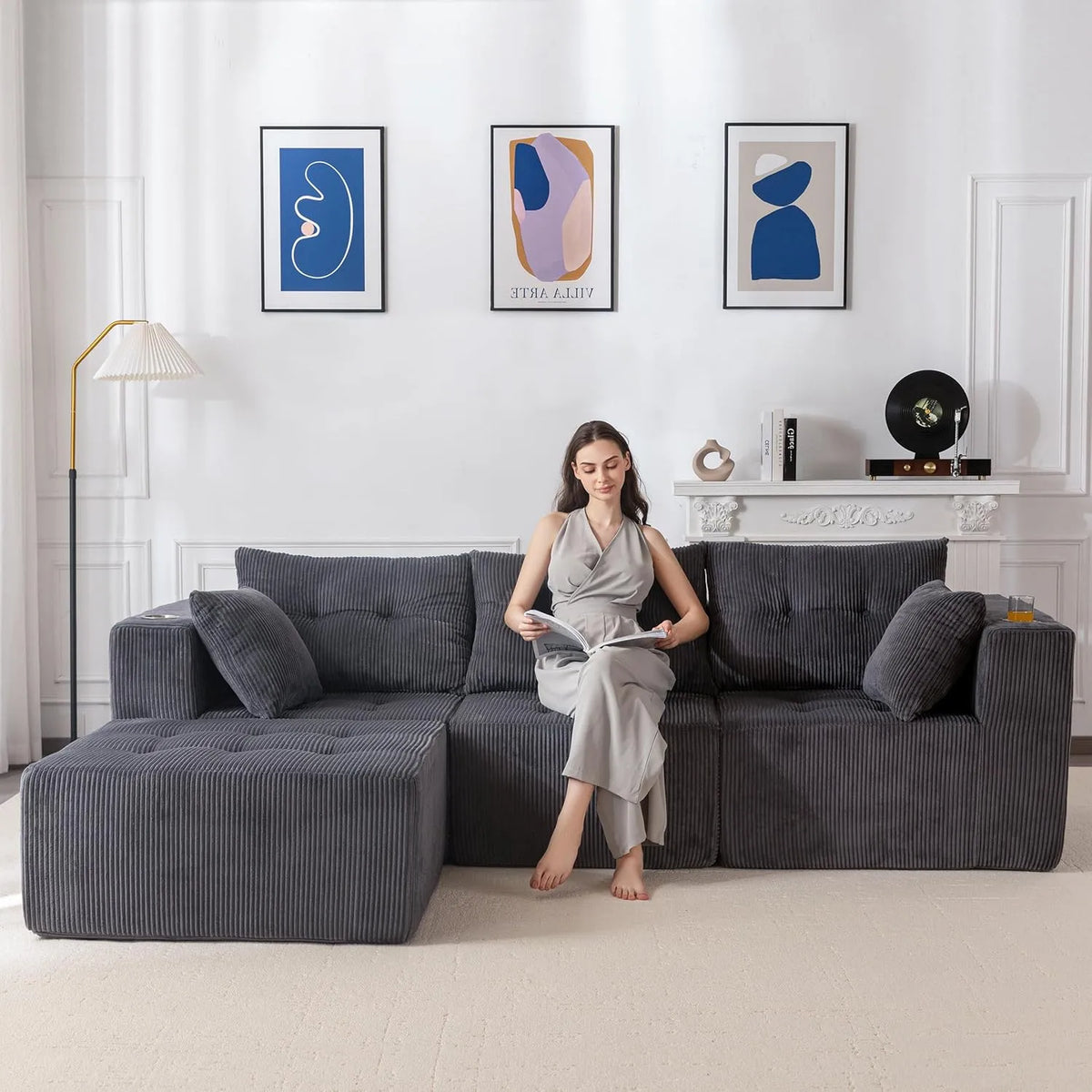 Sofa narożna — modułowa konstrukcja, ze sztruksu, wypełnienie piankowe, 4-osobow, rozkładana konstrukcja