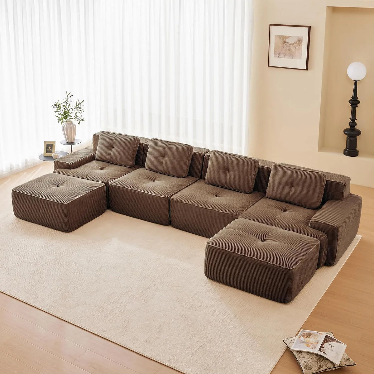 Sofa narożna — modułowa konstrukcja, w kształcie litery U, głębokie siedzisko, ze sztruksu, 4-osobowa, brązowy