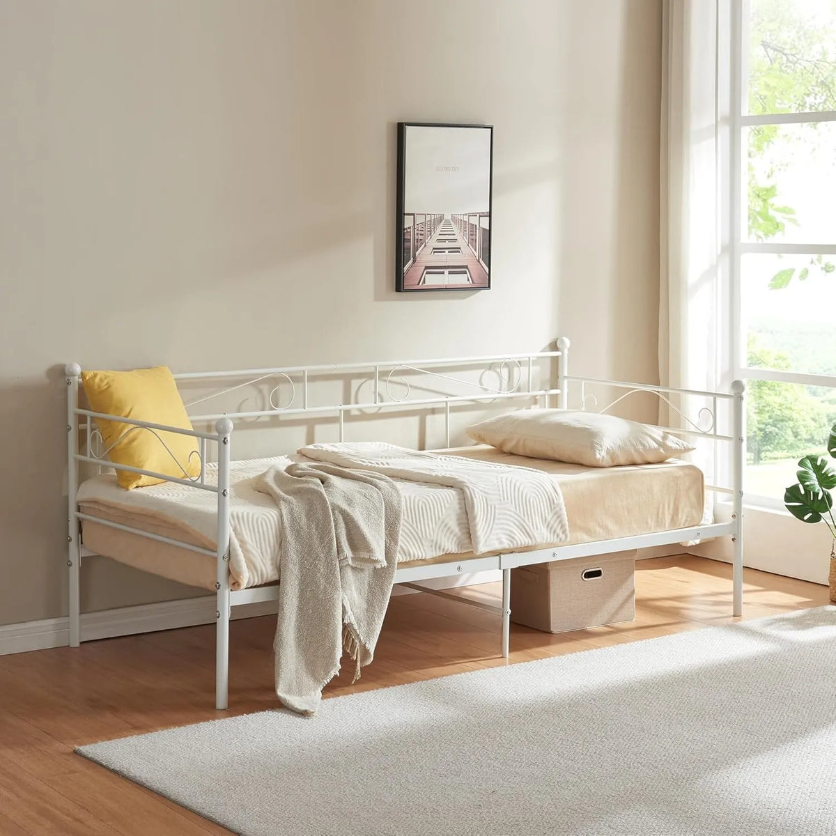 Sofa — 90 × 200 cm, biały, z metalu
