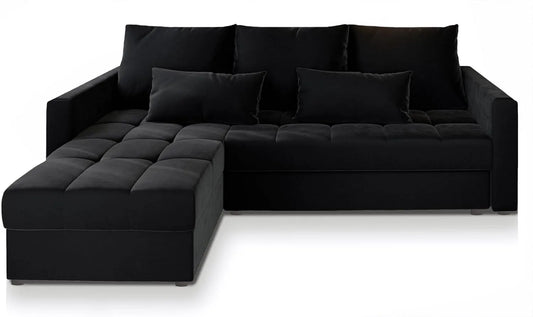 Sofa narożna – KOS, z funkcją spania, czarny, z pojemnikiem do przechowywania, rozkładana konstrukcja