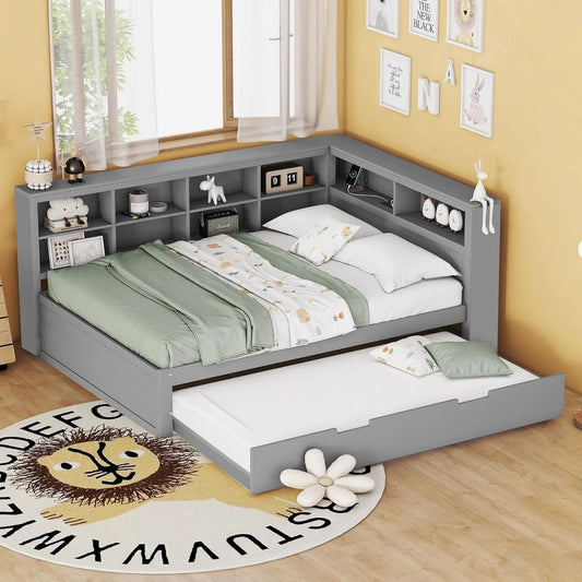 Sofa — z drewna, z funkcją spania, z portem USB, 140 × 200 cm, 90 × 190 cm, szary