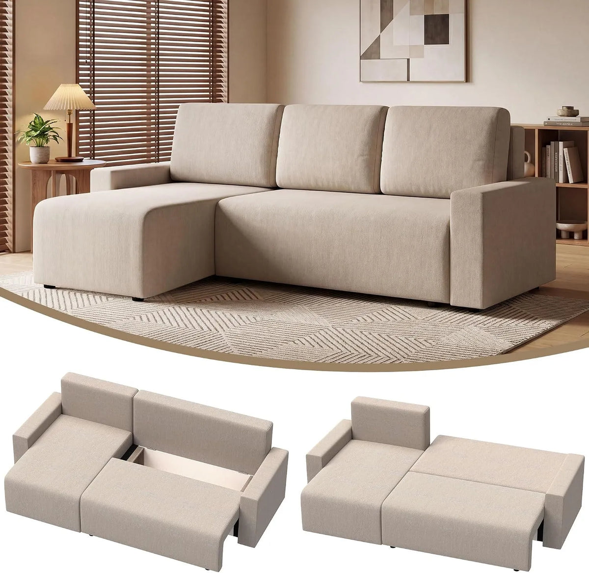 HOMCOM Sofa narożna: w kształcie litery L, z funkcją spania, 3-osobowa, 2 w, beżowy