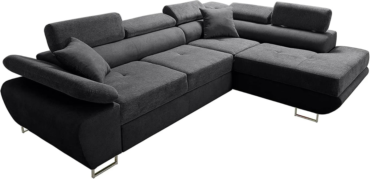 Sofa narożna: w kształcie litery L, wolnostojący, z funkcją spania, z poduszkami, regulowana konstrukcja