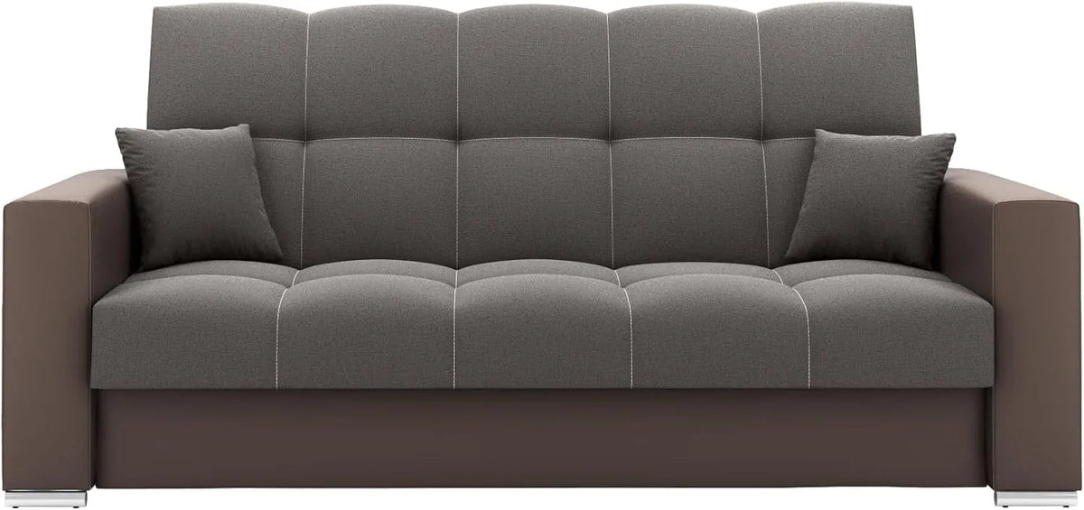Sofa – EVITA, tapicerka materiałowa, z funkcją spania, z poduszkami, 220 × 91 × 85 cm, brązowy, z pojemnikiem do przechowywania, tapicerka materiałowa