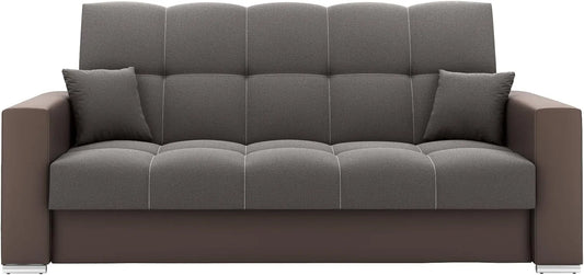 Sofa – EVITA, tapicerka materiałowa, z funkcją spania, z poduszkami, 220 × 91 × 85 cm, brązowy, z pojemnikiem do przechowywania, tapicerka materiałowa