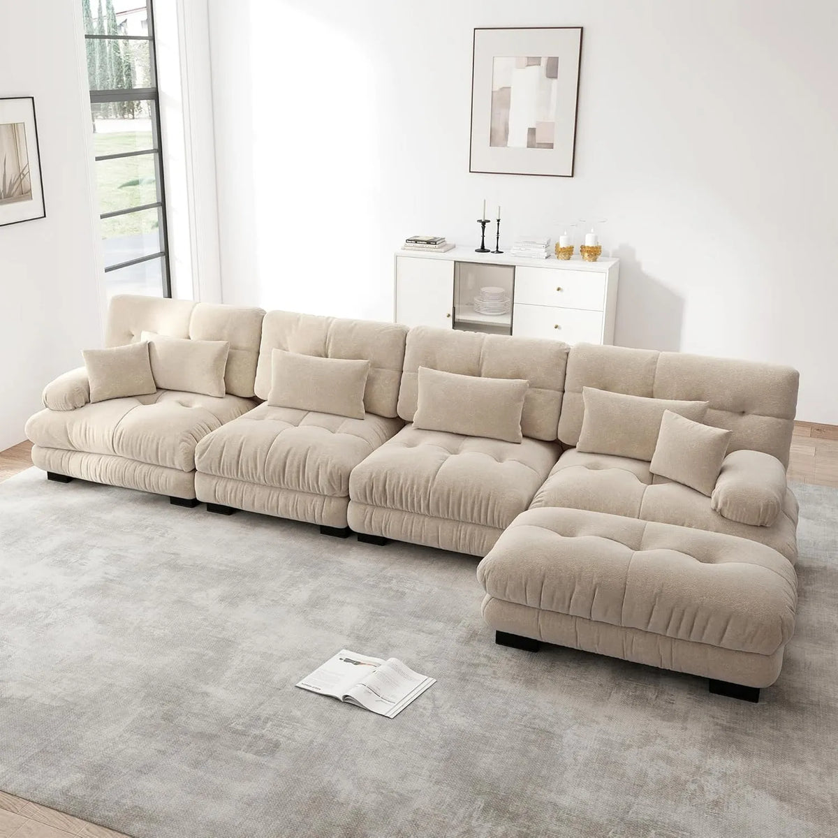 Sofa: w kształcie litery L, z tkaniny szenilowej, z poduszkami
