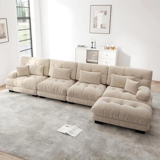 Sofa: w kształcie litery L, z tkaniny szenilowej, z poduszkami