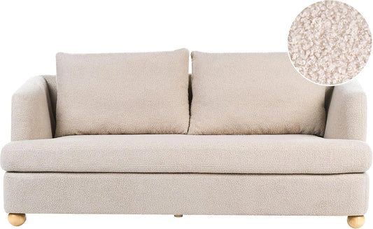 Sofa – z drewna, z podłokietnikami, tapicerka bouclé, 3-osobowa, beżowy