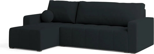 Sofa narożna — VOLIRA, z funkcją spania, czarny, z pojemnikiem do przechowywania, rozkładana konstrukcja