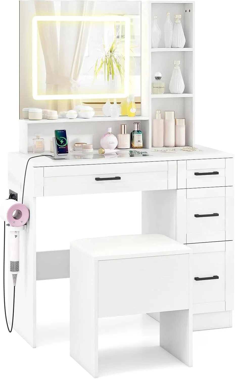 COSTWAY Duża Toaletka i stolik do makijażu z oświetleniem LED: z szufladami, z półkami, wyświetlacz LED, 3 półki, 4 szuflady, 90 × 40 × 141 cm, biały