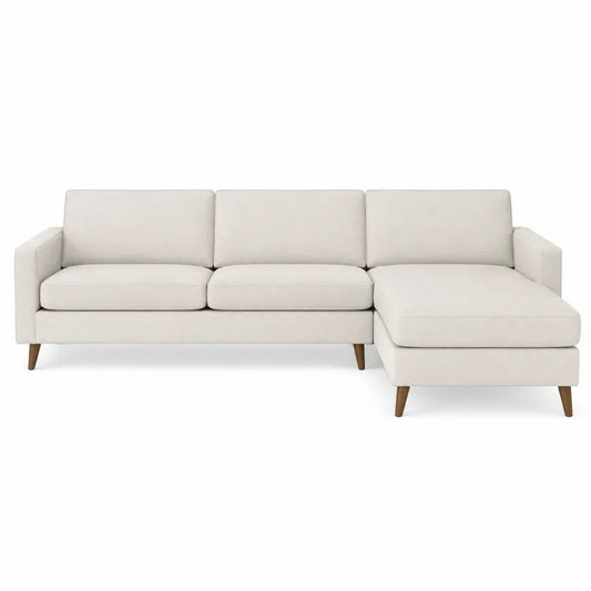 Sofa narożna z beżowej tkaniny, 265 cm