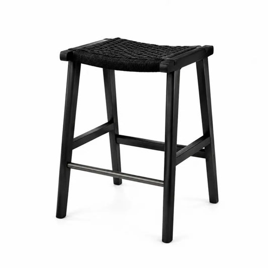 Taboret drewniany czarny z plecionym siedziskiem 63 cm